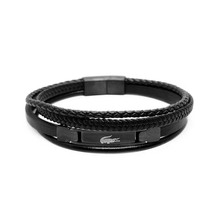 Premium Leather B-147 Bracelet by Overpowered Accessories features a braided design with a sleek black finish and a logo acce