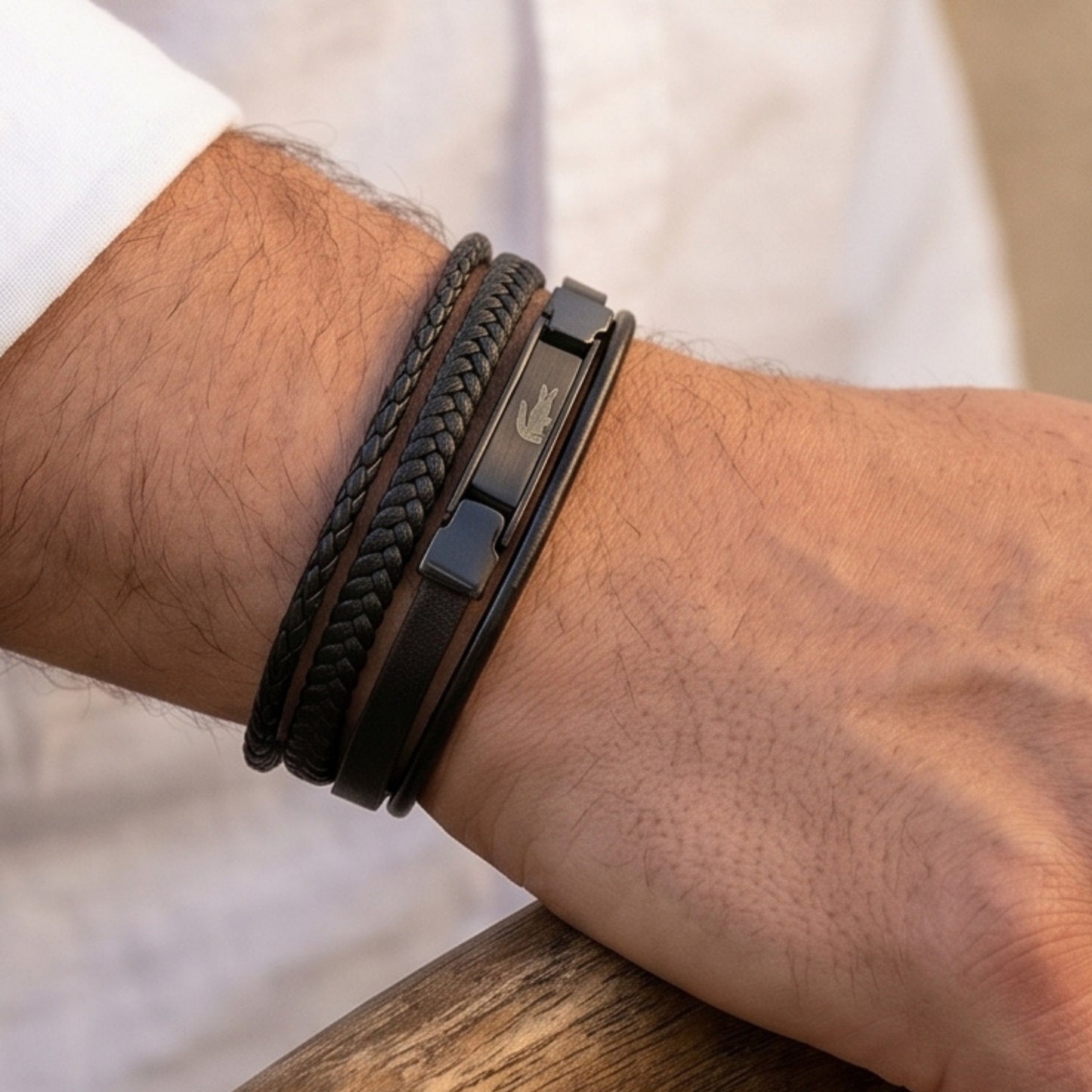 Premium Leather B-147 Bracelet by Overpowered Accessories, featuring a sleek design with braided and smooth leather elements.