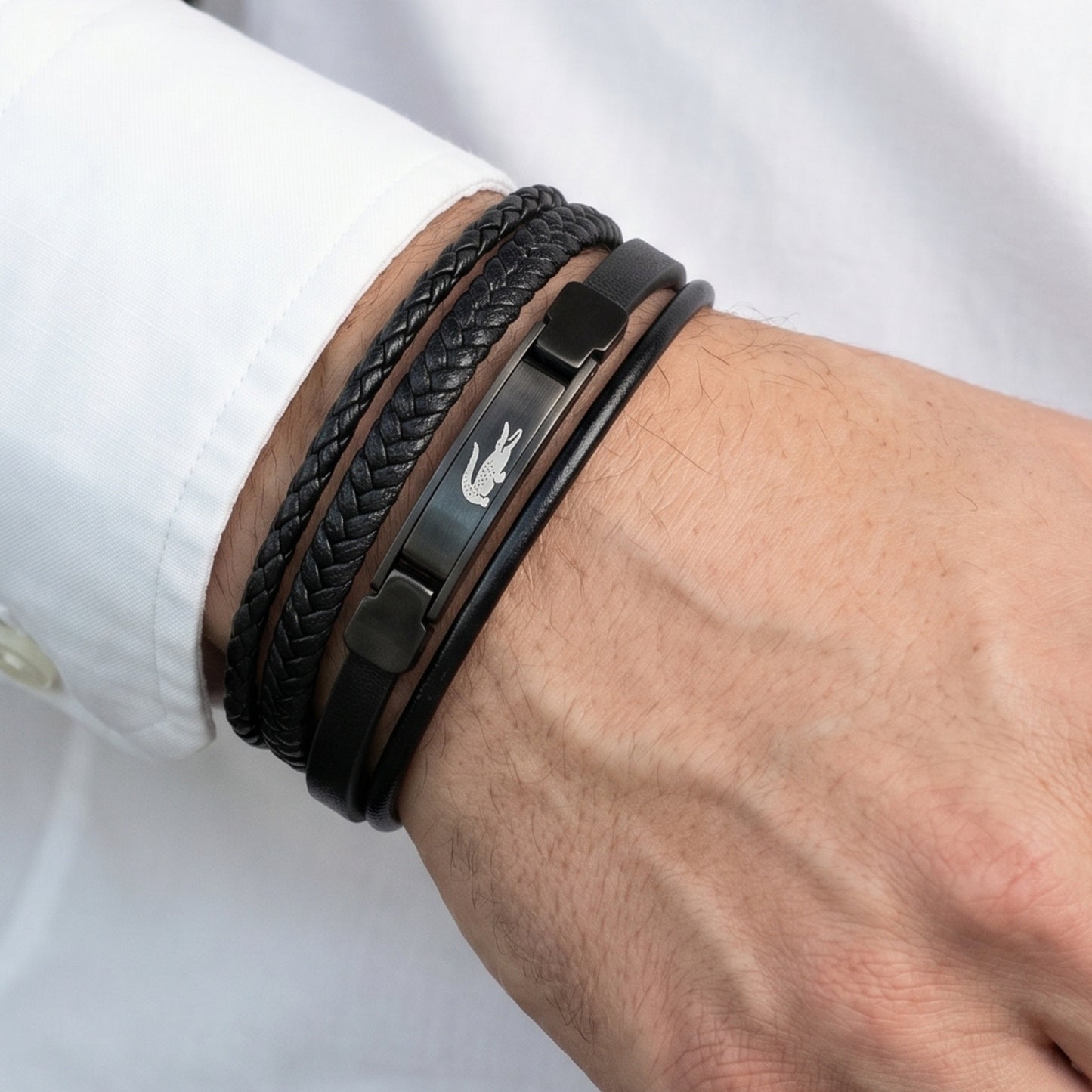 Premium Leather B-147 Bracelet by Overpowered Accessories, featuring multiple leather strands and a sleek clasp on a wrist.