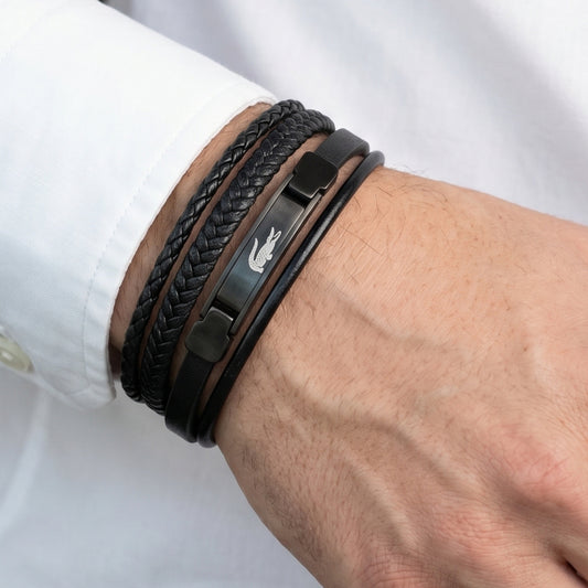 Premium Leather B-147 Bracelet by Overpowered Accessories, featuring multiple leather strands and a sleek clasp on a wrist.
