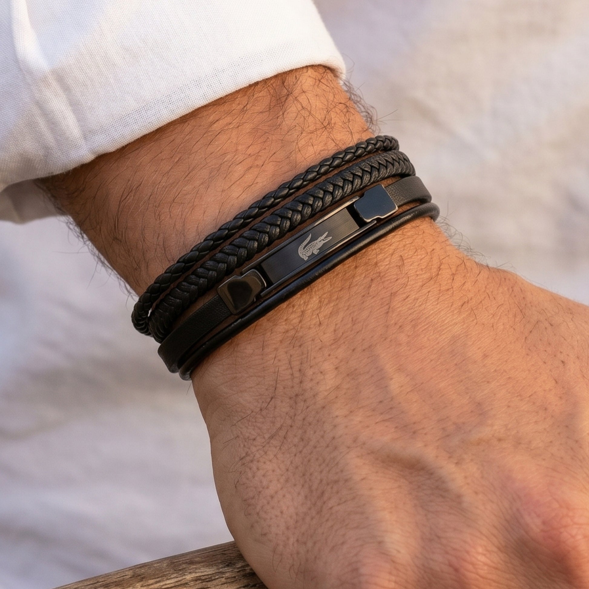 Premium Leather B-147 Bracelet by Overpowered Accessories, featuring a sleek design with braided and smooth black leather.