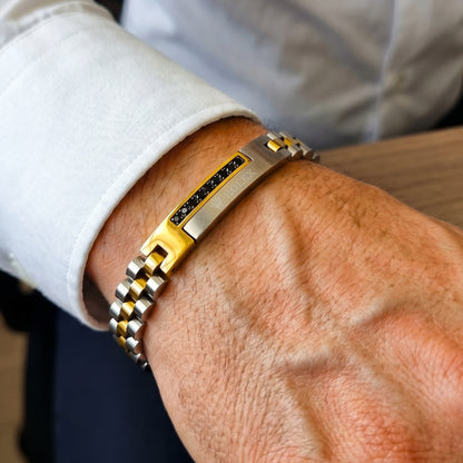 Men's B-148 Bracelet by Overpowered Accessories features micro-zircon and stainless steel with a gold accent.