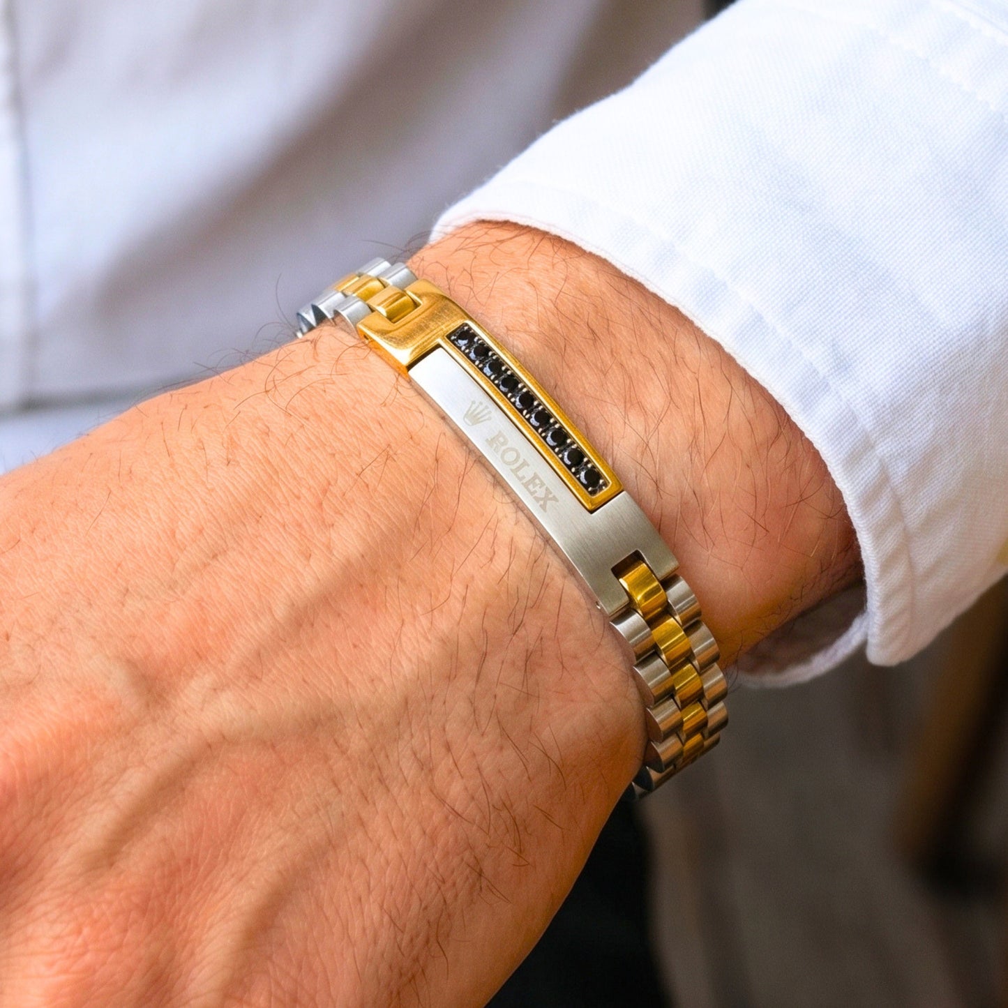 Men's Micro-Zircon & Stainless Steel B-148 Bracelet by Overpowered Accessories, featuring a sleek design with black zircon ac