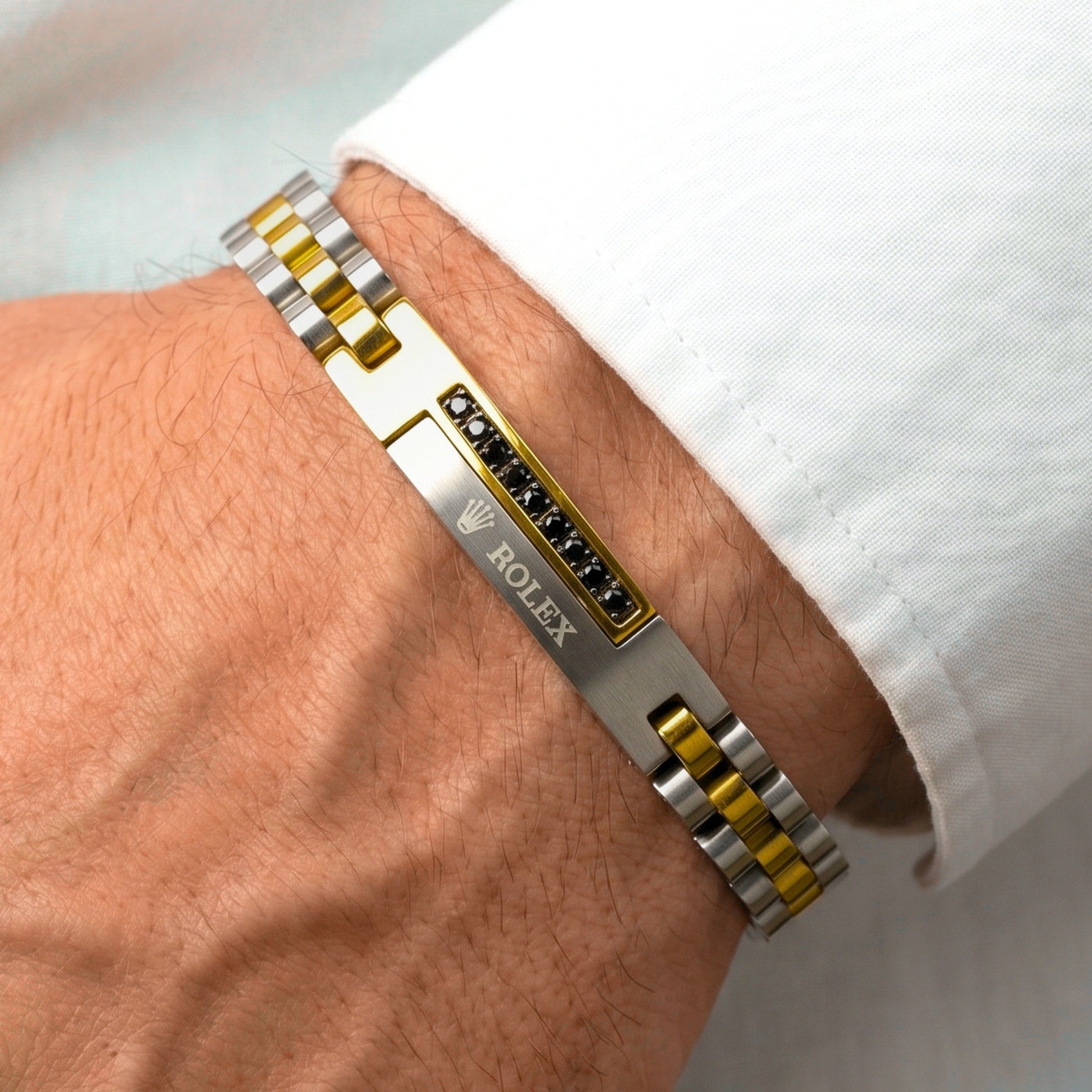 Men's Micro-Zircon & Stainless Steel B-148 Bracelet by Overpowered Accessories, featuring a sleek design with gold and silver