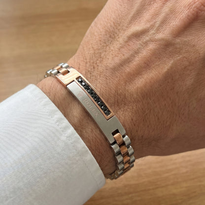 Silver and rose gold stainless steel bracelet with micro-zircon accents, featuring a sleek design for men.