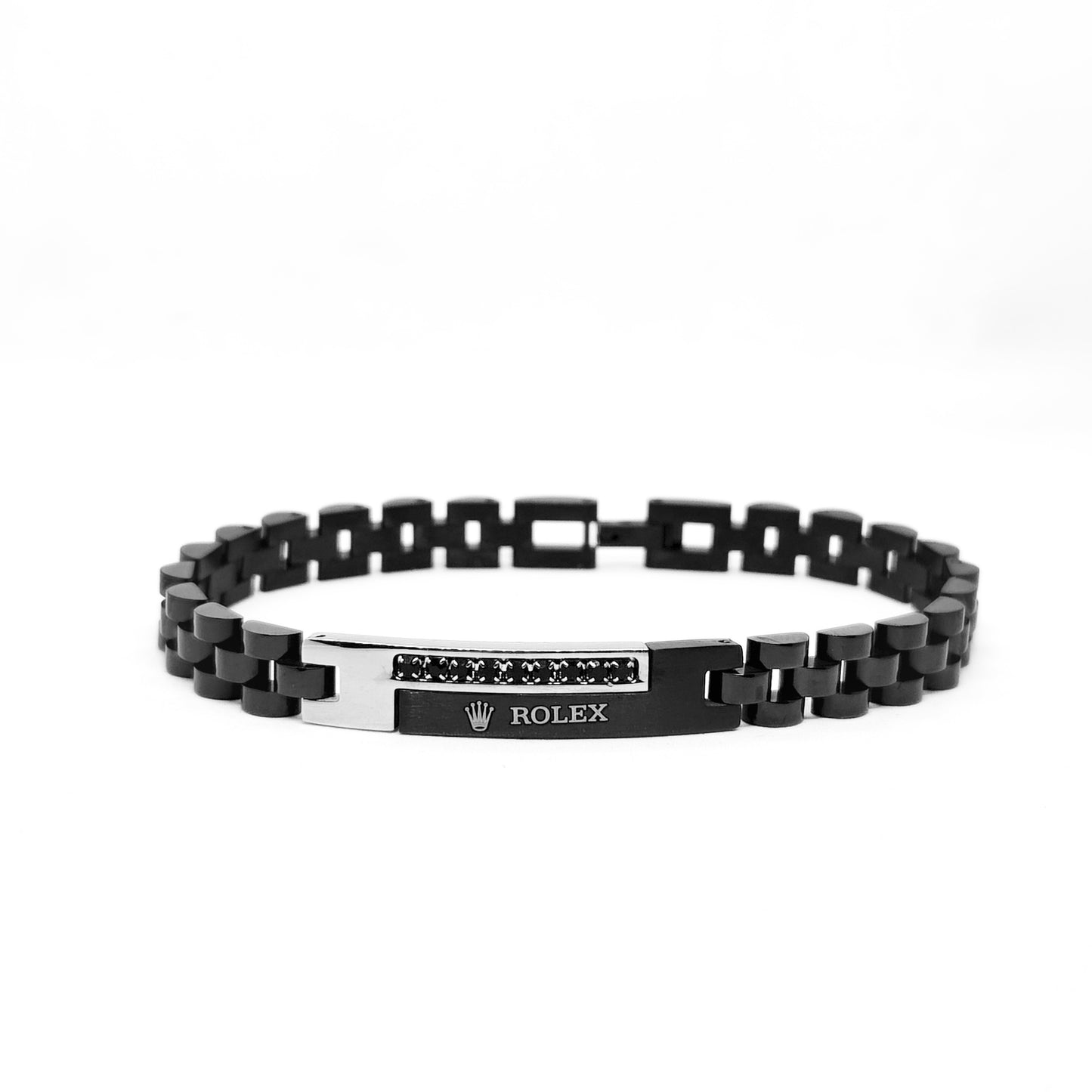 Silver and black stainless steel B-150 bracelet for men by Overpowered Accessories, featuring a sleek design and clasp closur