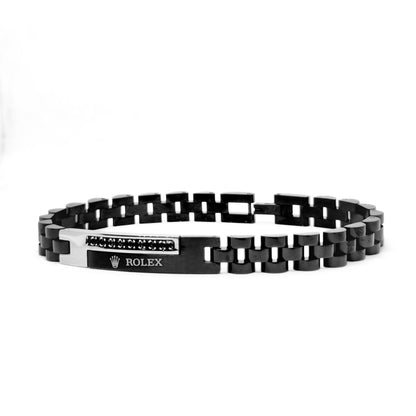 Silver and black stainless steel B-150 bracelet for men by Overpowered Accessories, featuring a sleek design and bold links.