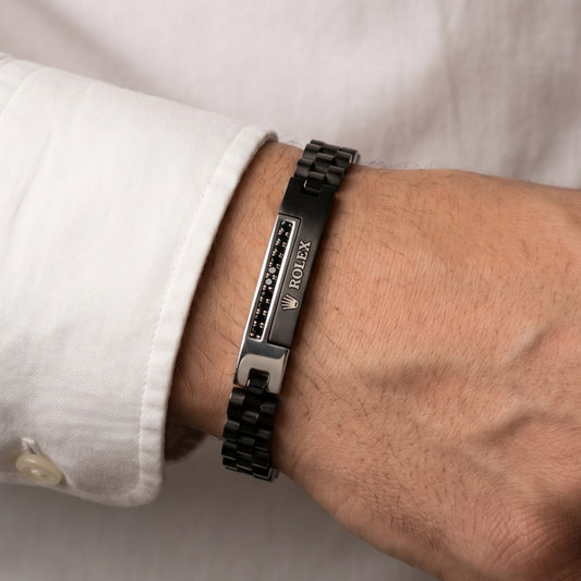 Silver and black stainless steel B-150 bracelet for men, featuring a sleek design and a polished finish.