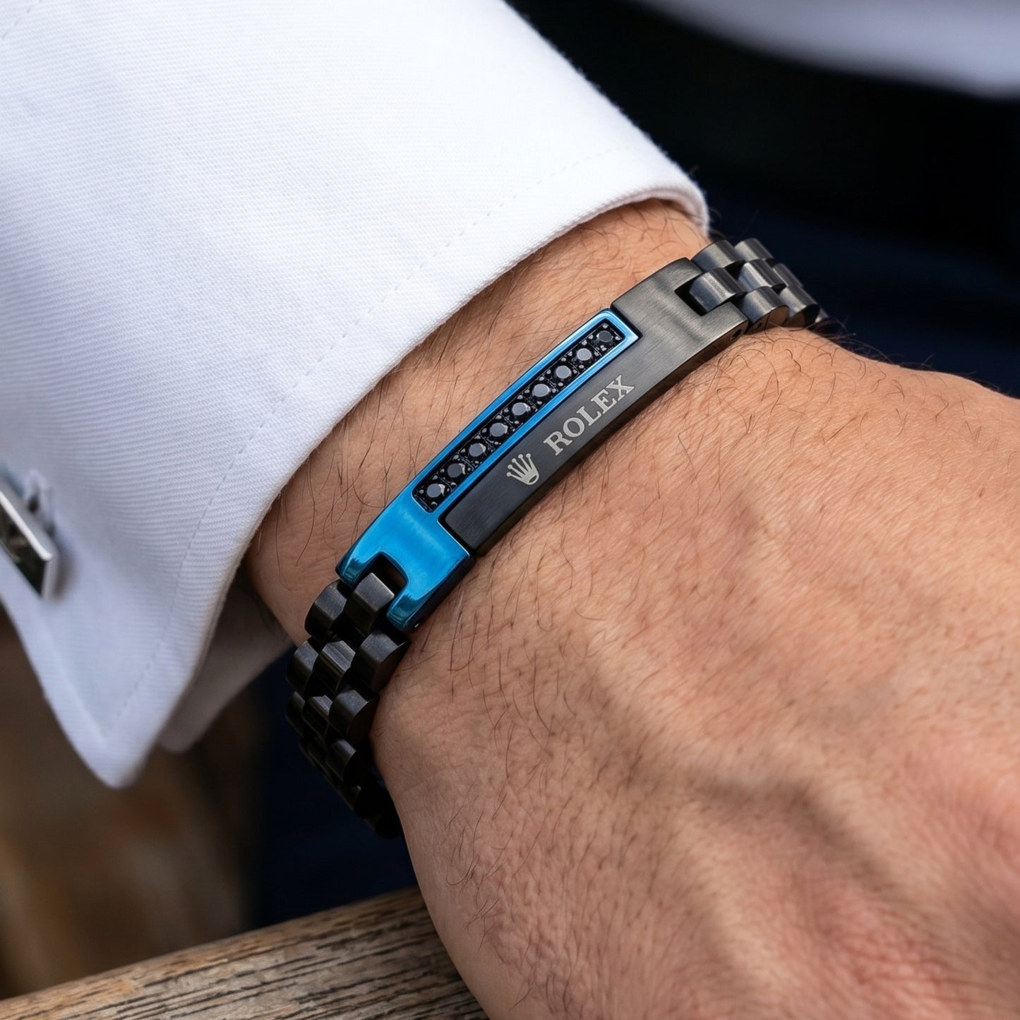Blue and black stainless steel B-151 bracelet for men, featuring a sleek design and a stylish clasp.