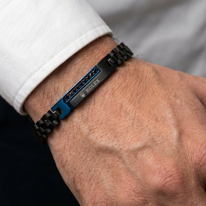 Blue and black stainless steel B-151 bracelet for men, featuring a sleek design and a polished finish.