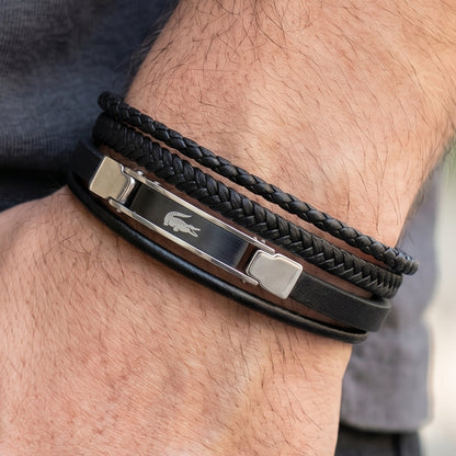 Premium Black Leather B-152 Bracelet by Overpowered Accessories, featuring braided and smooth leather with a metal clasp.