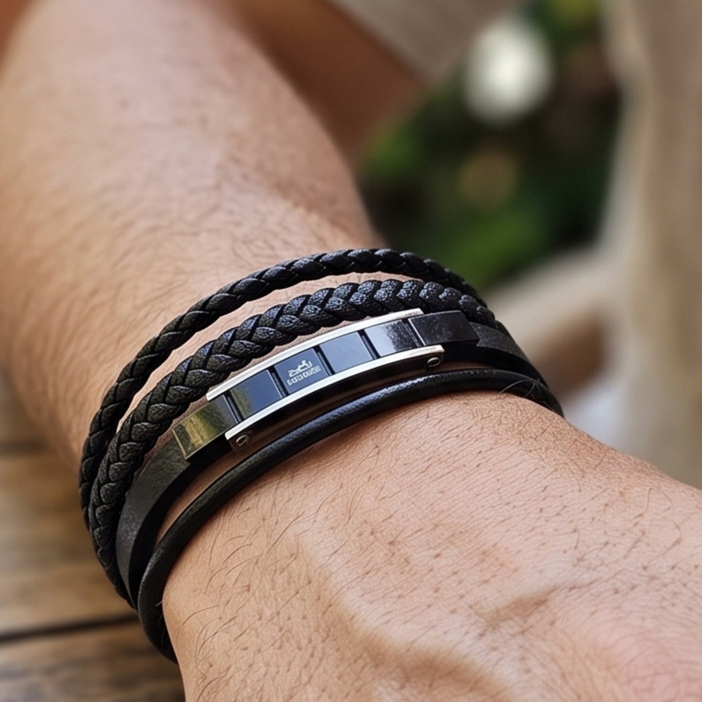 Braided black leather bracelet on wrist with metal bar and center clasp plate