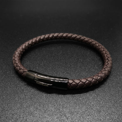 Brown braided leather bracelet with side view of rectangular clasp and logo