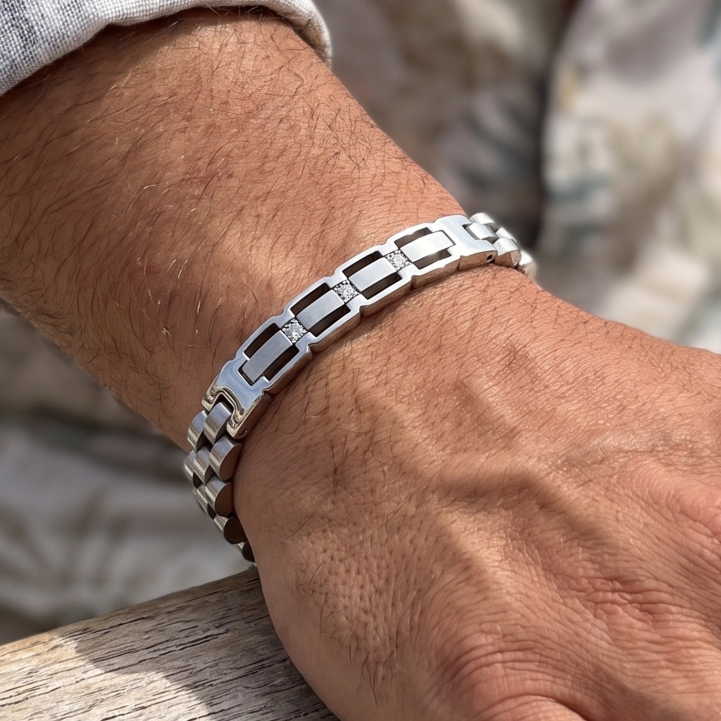 Silver stainless steel link bracelet with square zircon inlay, brushed and polished