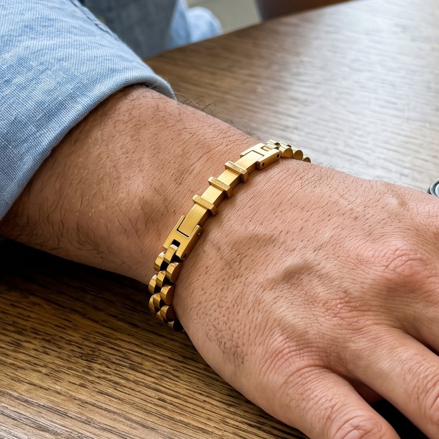 Gold stainless steel bracelet on wrist with alternating bar plates and link chain