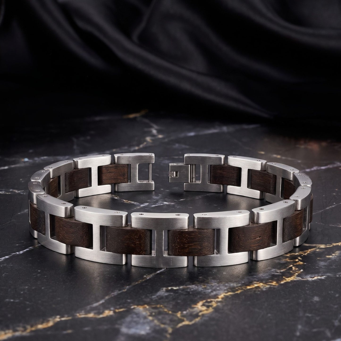 Luxury Natural Ebony Wood & Stainless Steel Bracelet - B-190 | Men's - Overpowered Accessories