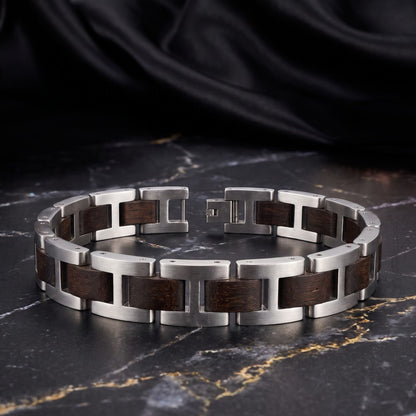 Luxury Natural Ebony Wood & Stainless Steel Bracelet - B-190 | Men's - Overpowered Accessories