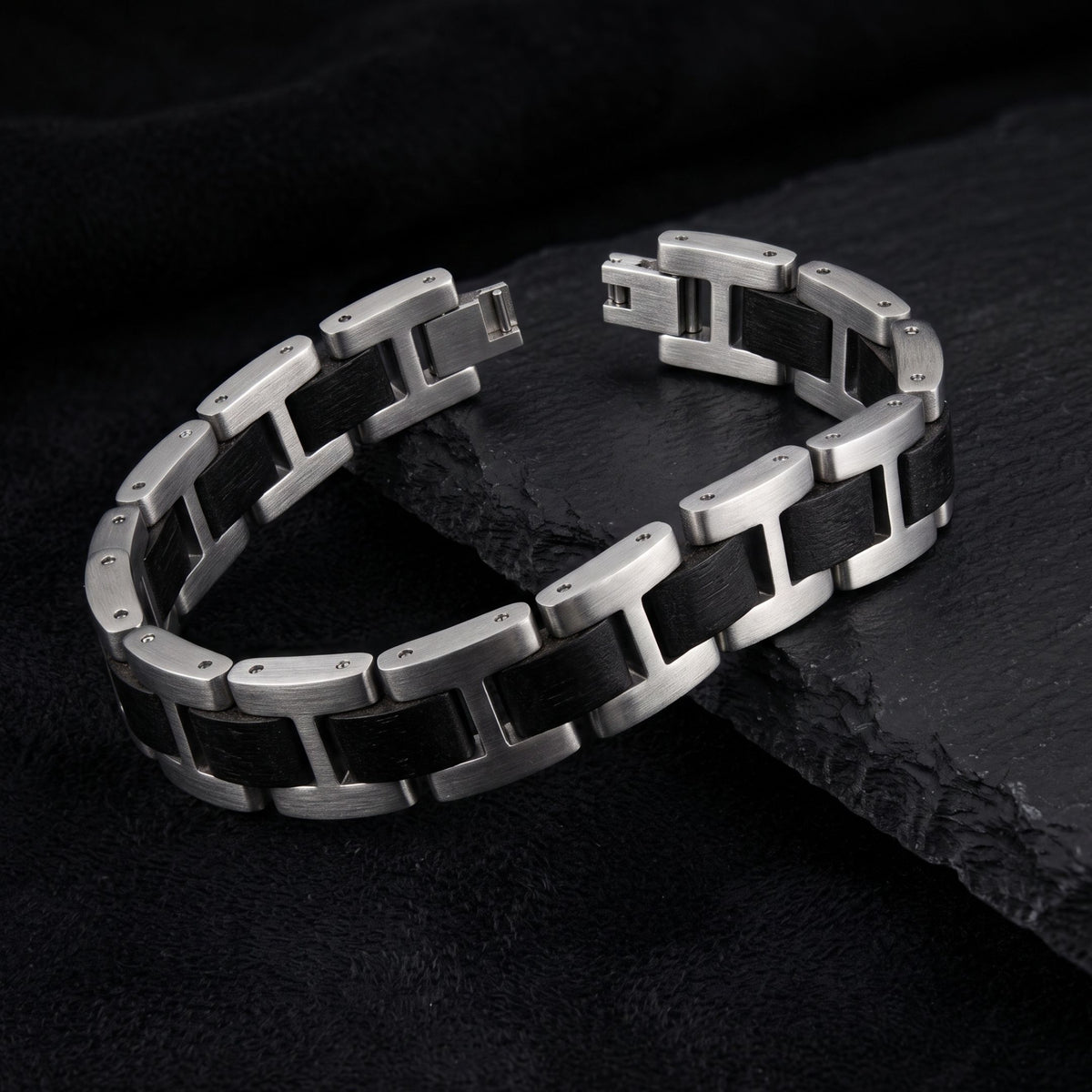 Men's bracelet with black inlaid wood links and brushed stainless steel connectors, Overpowered Accessories