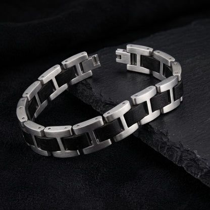 Men's bracelet with black inlaid wood links and brushed stainless steel connectors, Overpowered Accessories