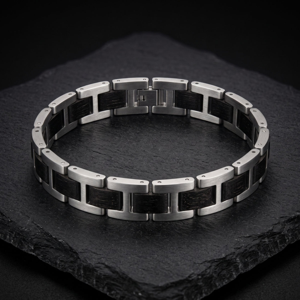 Stainless steel chain bracelet with black inlaid panels and polished rectangular link centers, Overpowered Accessories