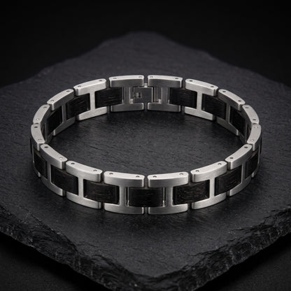 Stainless steel chain bracelet with black inlaid panels and polished rectangular link centers, Overpowered Accessories