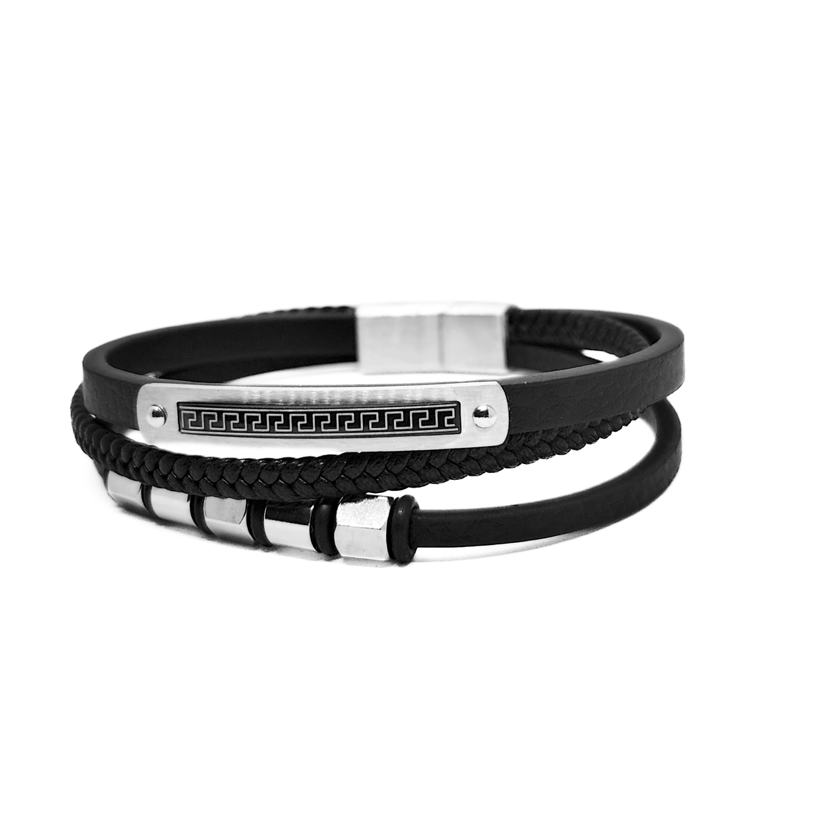 Three-strand black leather bracelet with braided cord and polished steel beads, side view, B-199, Overpowered Accessories