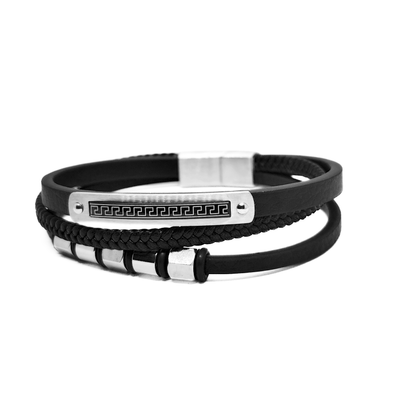 Three-strand black leather bracelet with braided cord and polished steel beads, side view, B-199, Overpowered Accessories