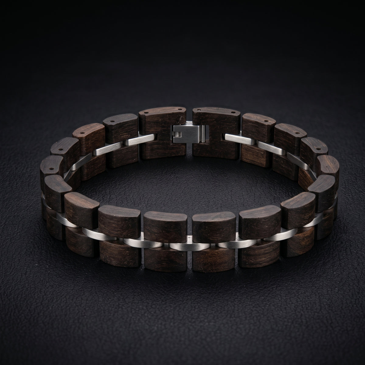 Men's ebony wood bracelet with silver metal links and square center clasp, Overpowered Accessories
