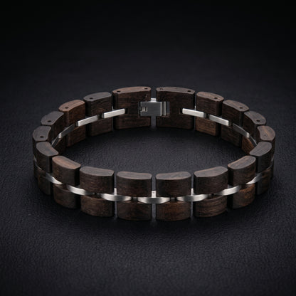Men's ebony wood bracelet with silver metal links and square center clasp, Overpowered Accessories