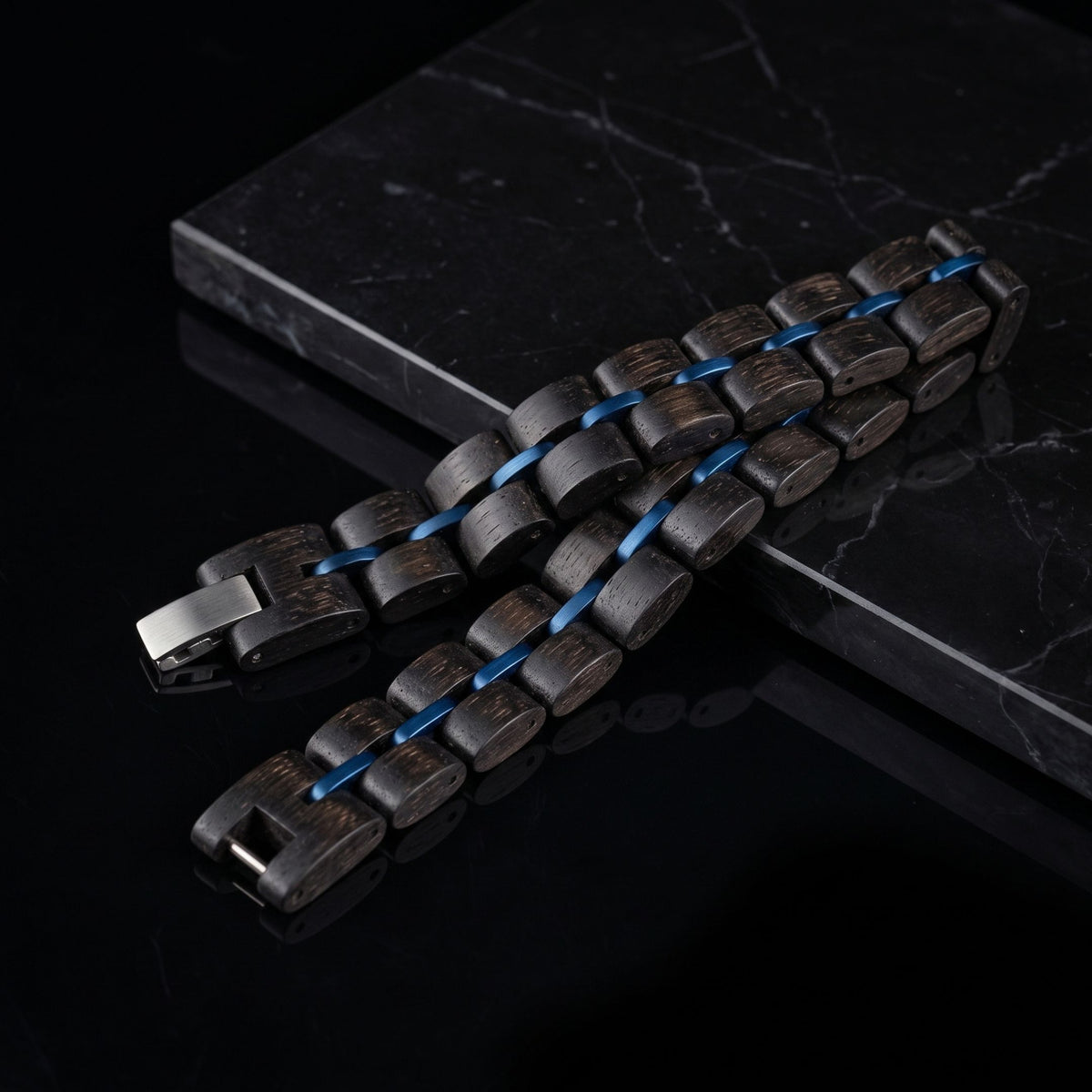 Men's ebony wood bracelet with blue inlay link accents and metal clasp, Overpowered Accessories