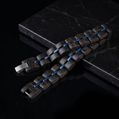 Men's ebony wood bracelet with blue inlay link accents and metal clasp, Overpowered Accessories