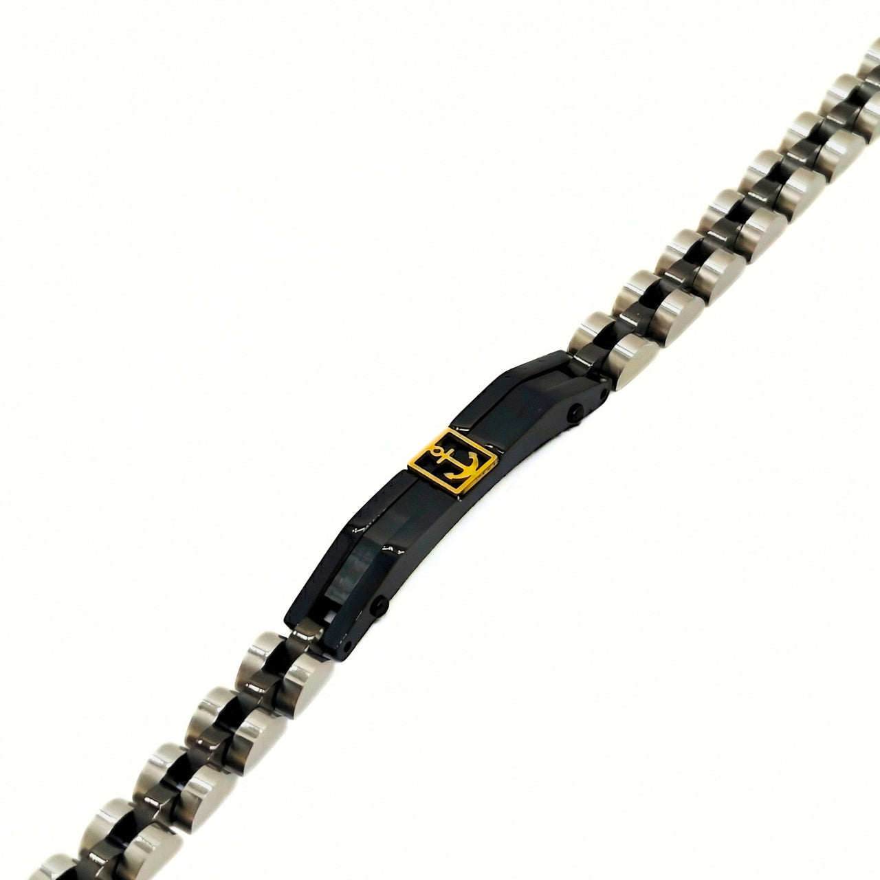 Two-tone silver and black stainless steel bracelet featuring a gold anchor detail, designed for men by Overpowered Accessorie