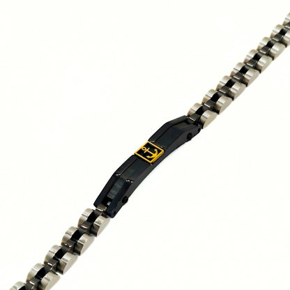 Two-tone silver and black stainless steel bracelet featuring a gold anchor detail, designed for men by Overpowered Accessorie