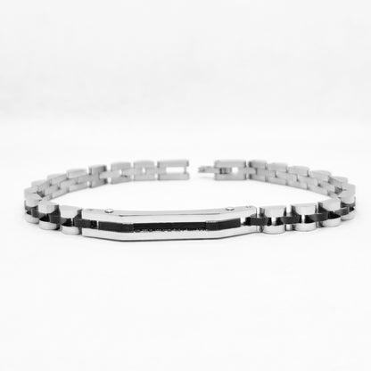Two-tone silver and black stainless steel B-84 bracelet for men, featuring a sleek design with alternating links.