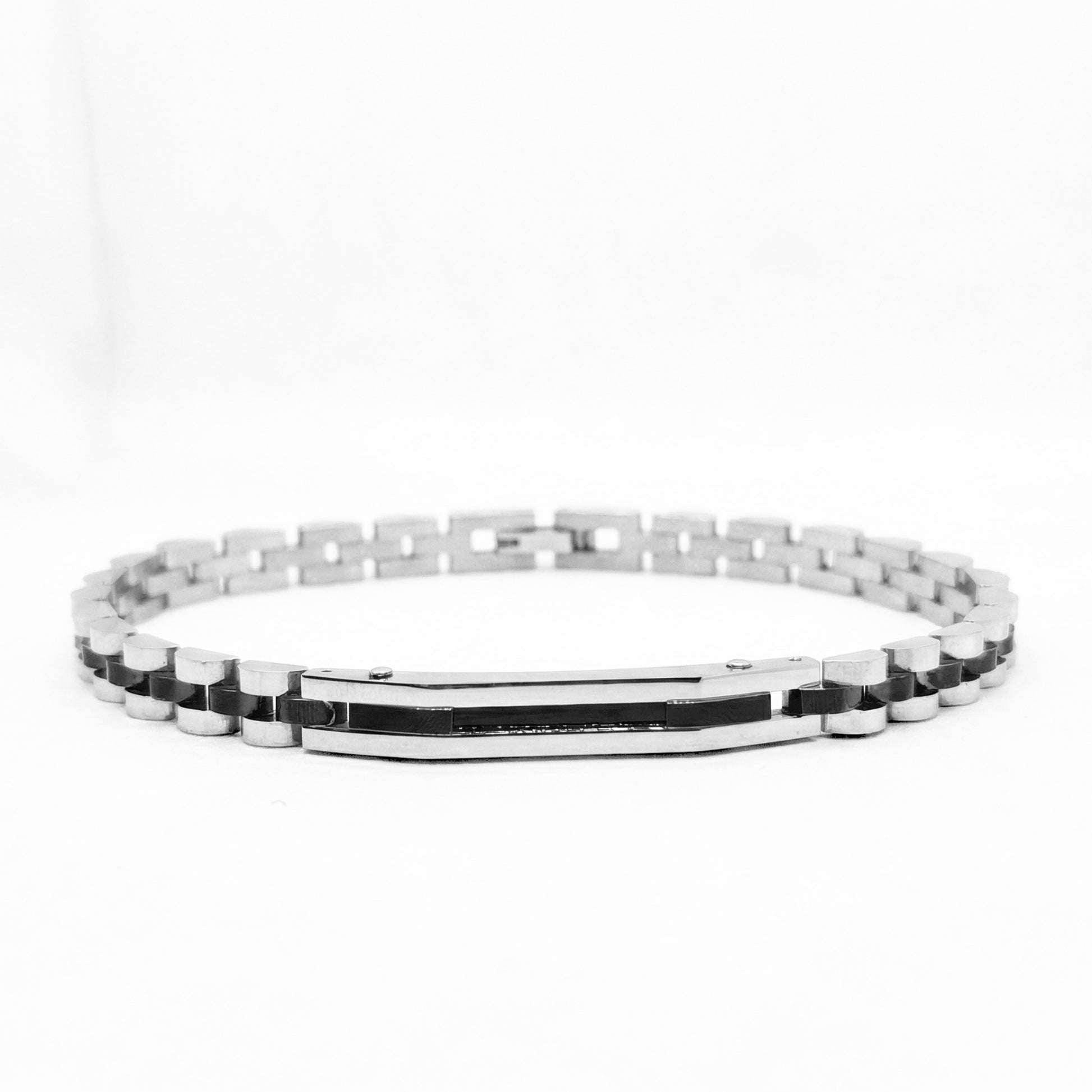 Two-tone silver and black stainless steel B-84 bracelet for men, featuring a sleek design with alternating links.