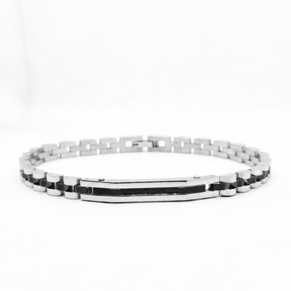 Two-tone silver and black stainless steel B-84 bracelet for men, featuring a sleek design with alternating links.