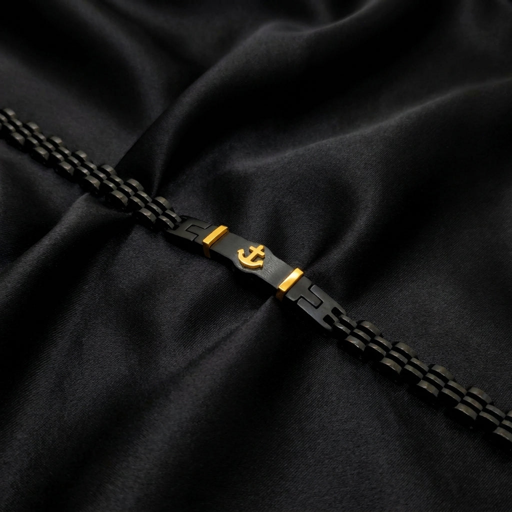 Black & Gold Anchor Stainless Steel B-145 Bracelet by Overpowered Accessories, featuring a sleek black chain and gold anchor 
