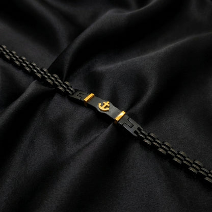 Black & Gold Anchor Stainless Steel B-145 Bracelet by Overpowered Accessories, featuring a sleek black chain and gold anchor 