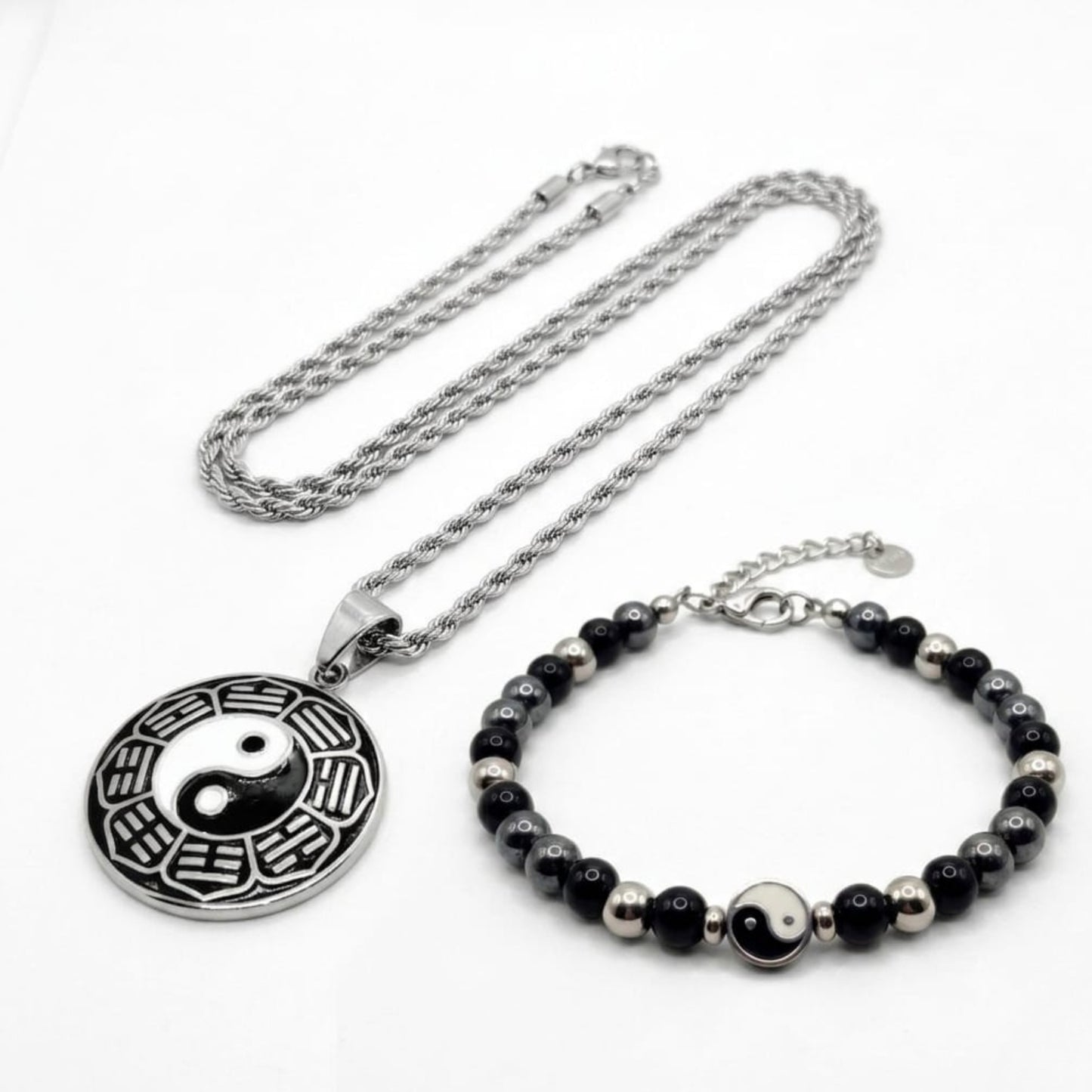 Yin-yang pendant necklace and black bead bracelet set with small yin-yang charms