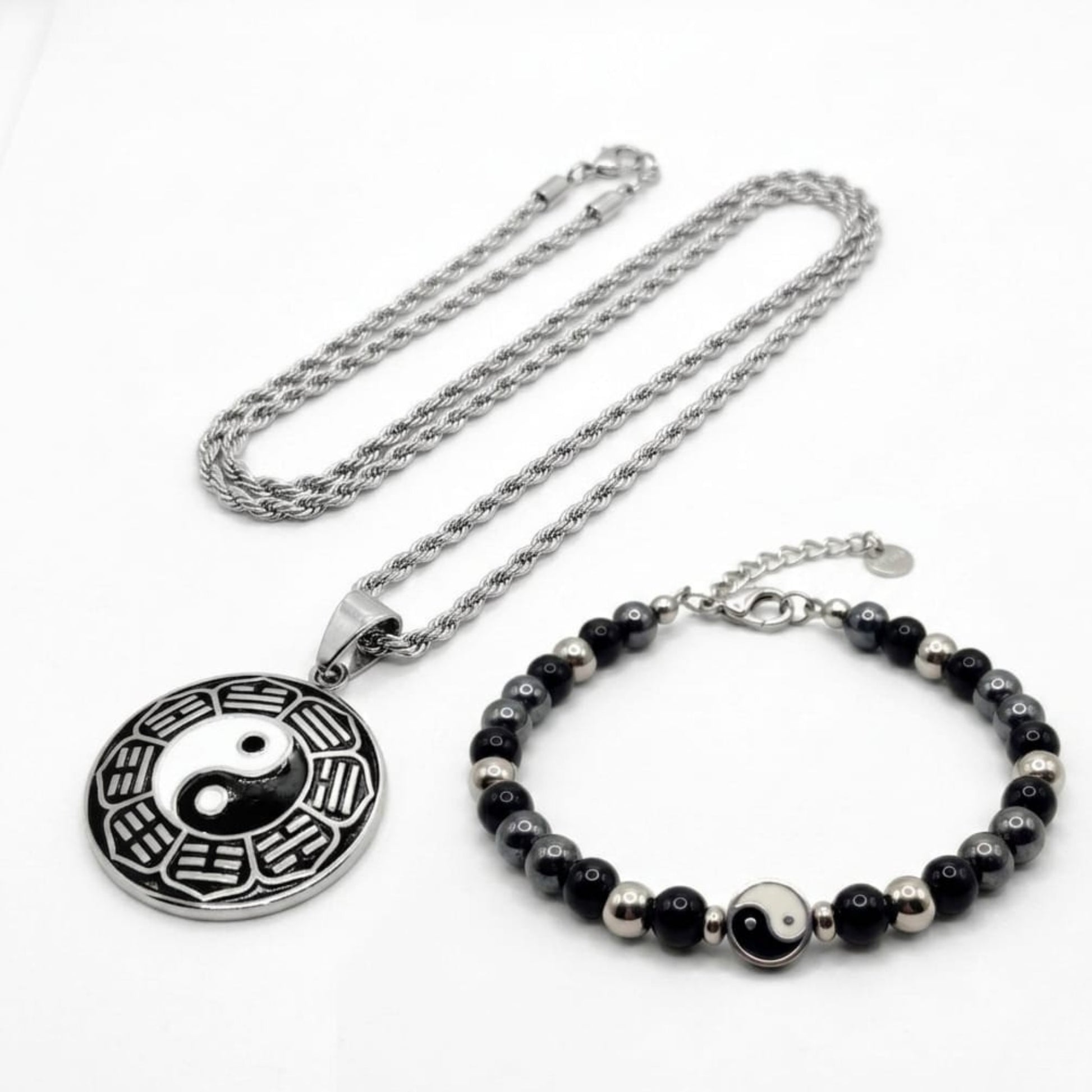 Yin-yang pendant necklace and black bead bracelet set with small yin-yang charms