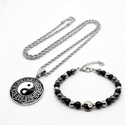 Yin-yang pendant necklace and black bead bracelet set with small yin-yang charms