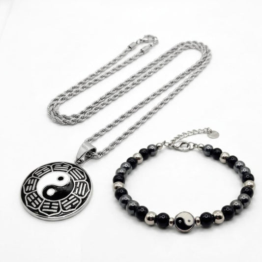 Yin-yang pendant necklace and black bead bracelet set with small yin-yang charms