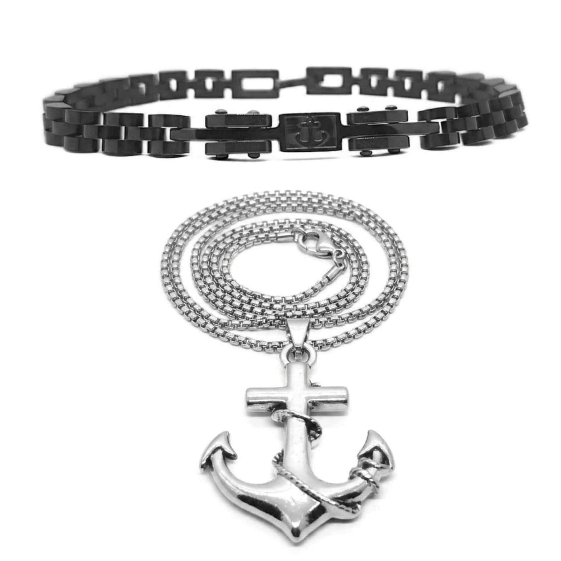 Black link bracelet and silver anchor cross pendant necklace set