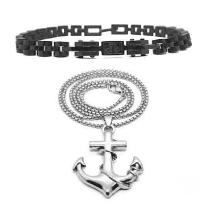 Black link bracelet and silver anchor cross pendant necklace set