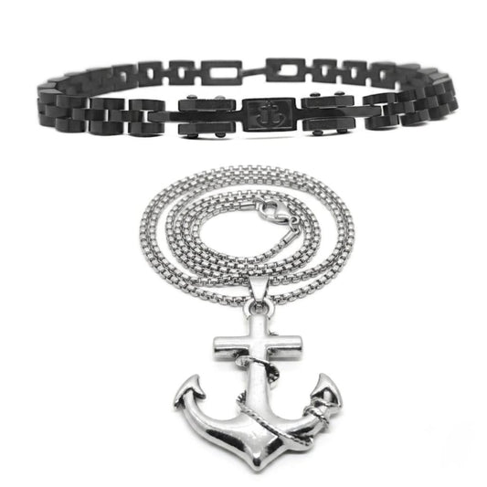 Black link bracelet and silver anchor cross pendant necklace set