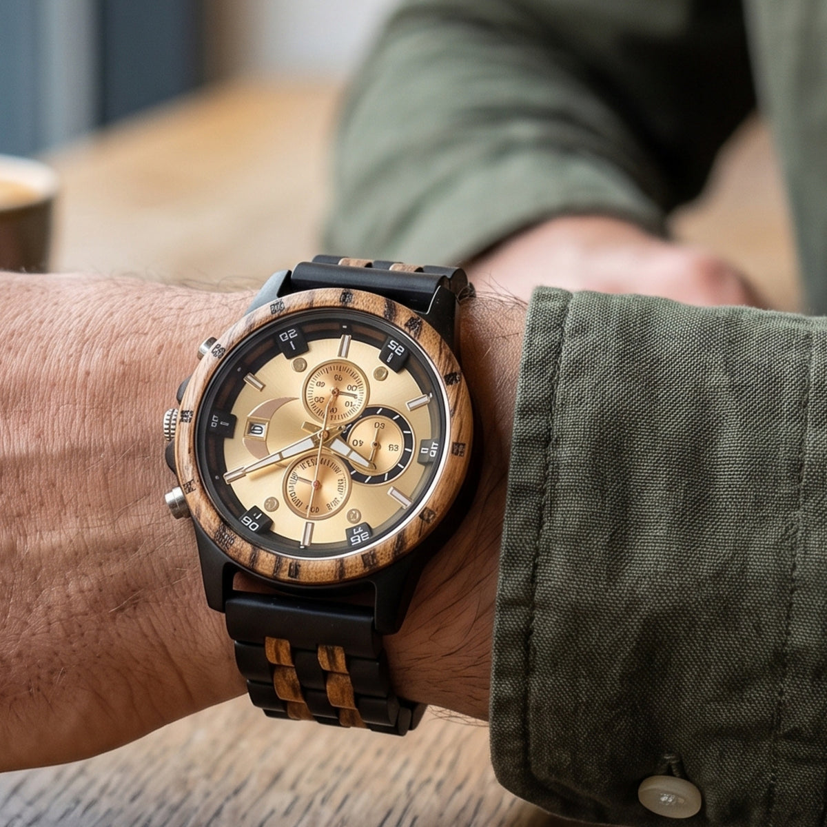 Men's wooden watch worn on wrist, beige dial and gold subdials with black-and-wood bracelet, Overpowered Accessories