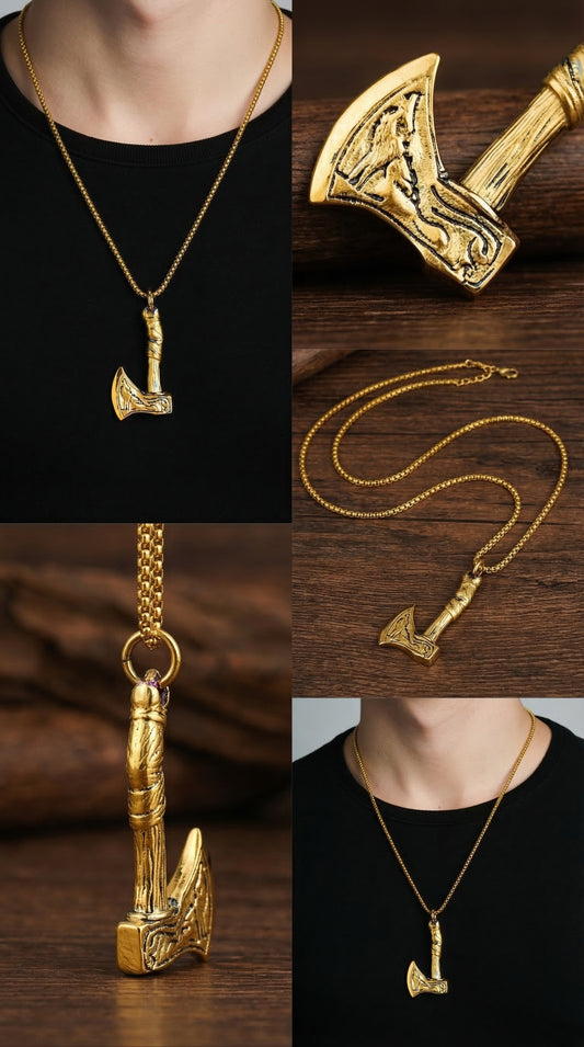 Viking Axe Pendant PN-008 | Gold Steel Necklace - Overpowered Accessories | Egypt