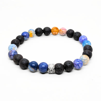Men's gemstone bracelet with mixed blue, orange, pink, and black lava beads, silver charm spacer