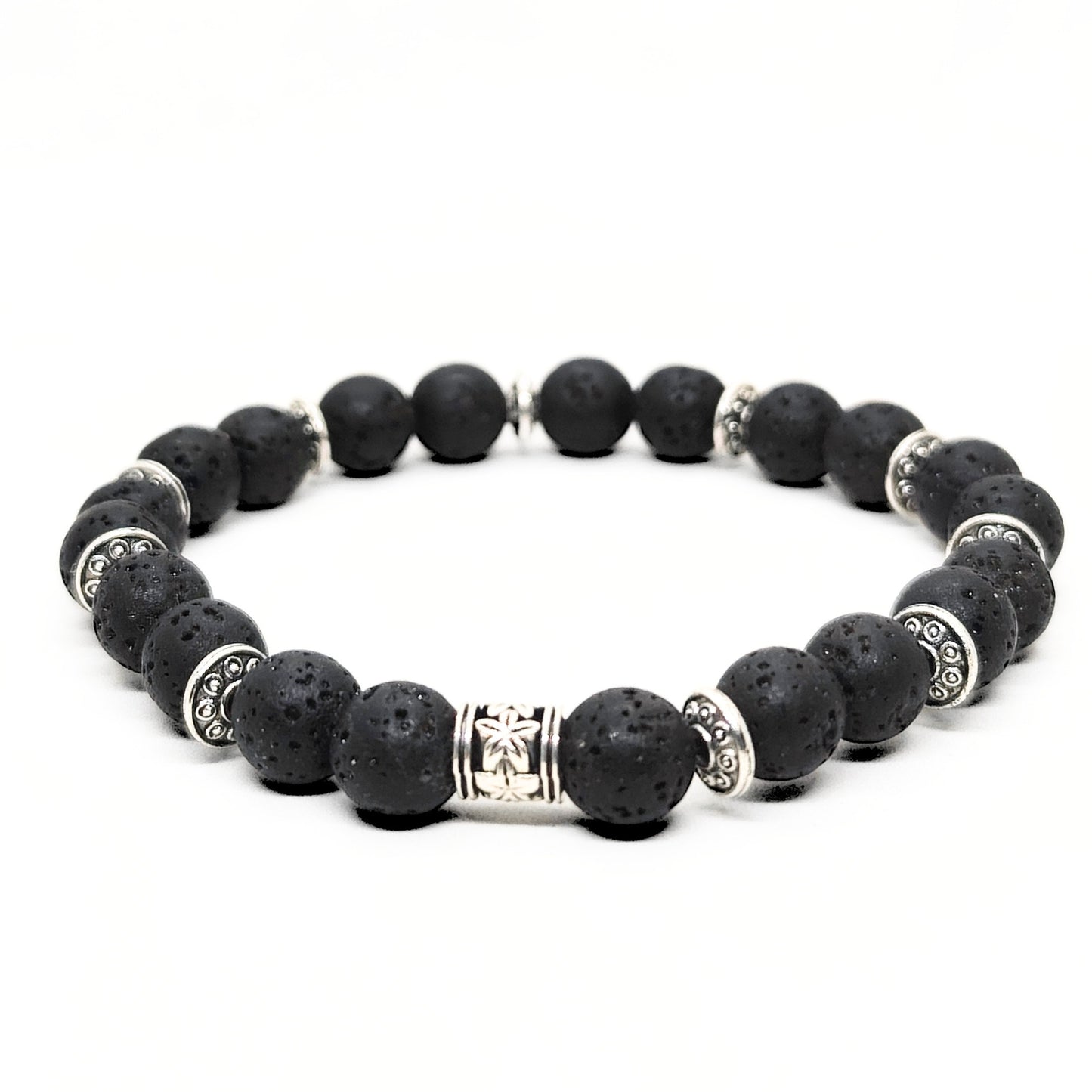 Obsidian Conduit Bundle B-123 G-12 features a men's bracelet with black lava beads and silver decorative accents.