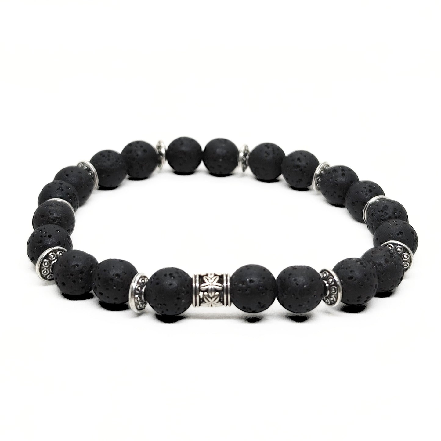 Men's black lava stone bead bracelet with silver-tone barrel and hinge beads
